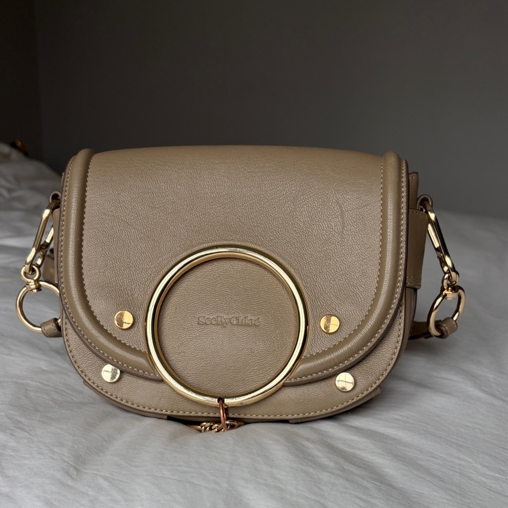 See By Chloe Taupe Leather Crossbody with Gold Ring Hardware